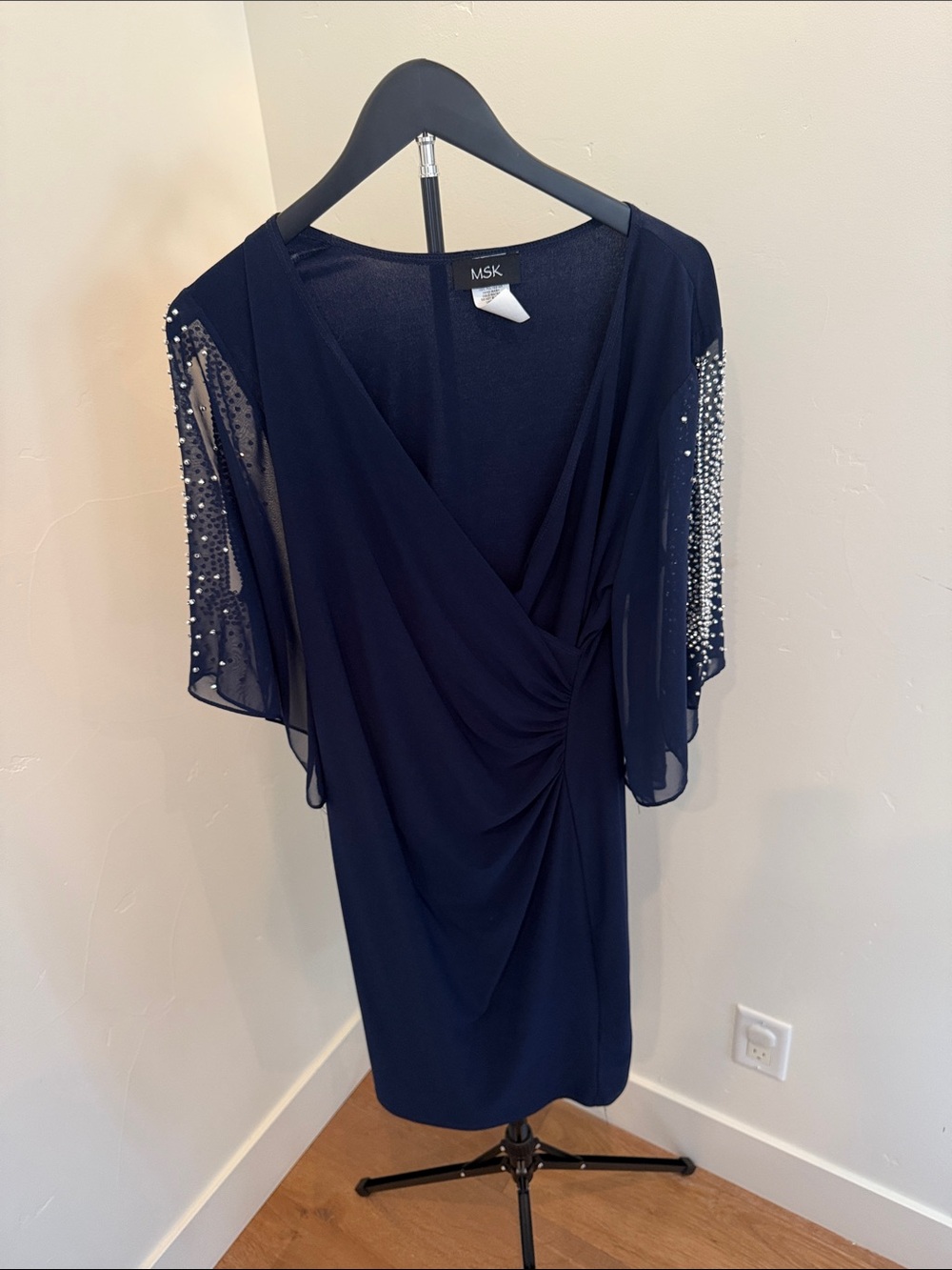 MSK Navy Draped Wrap Midi Dress with Beaded Sheer Sleeves